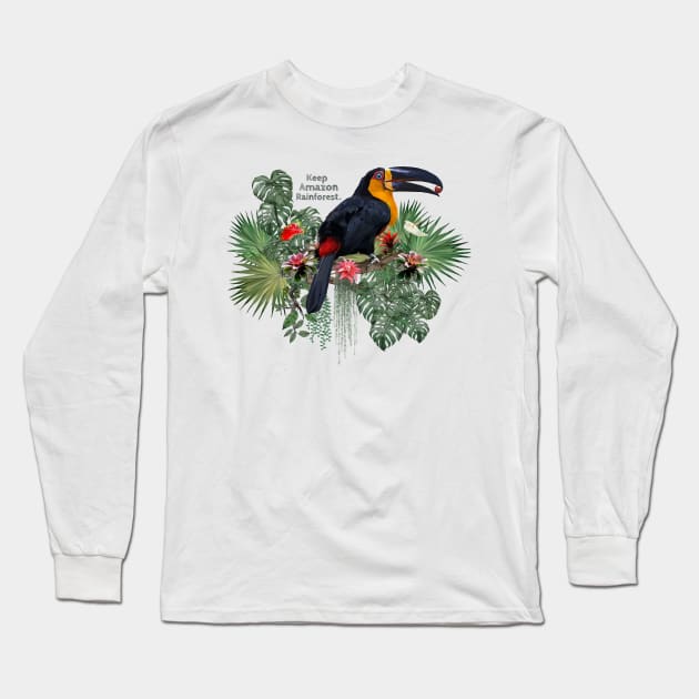 Polygonal art of Ariel toucan bird with Amazon leafs. Long Sleeve T-Shirt by Lewzy Design